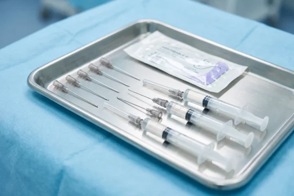 Sterile tray with cannulas and absorbable suture prepared for a combined facial treatment