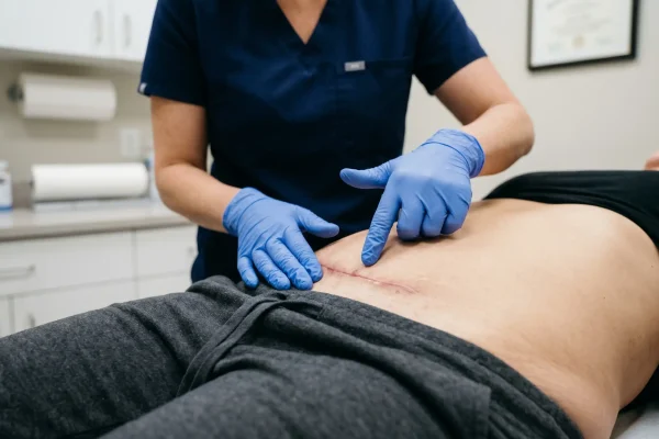 Surgeon checking for warning signs of botched plastic surgery at a follow-up exam
