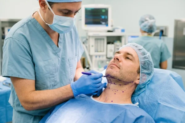 Surgeon marking the chin and neck before a combined neck liposuction and chin augmentation procedure