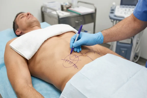 Surgeon marking treatment areas before liposuction on the abdomen and flanks