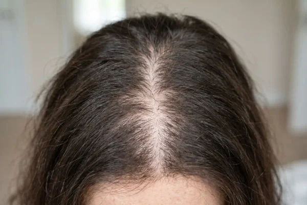 Top-down photograph of a scalp exhibiting female pattern hair loss