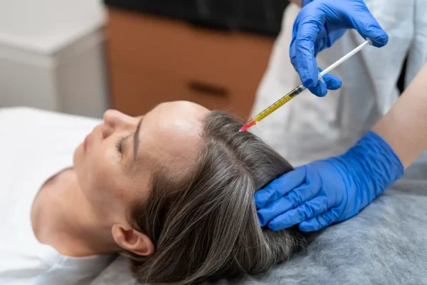 Top view of a woman receiving PRP treatment for hair loss problem