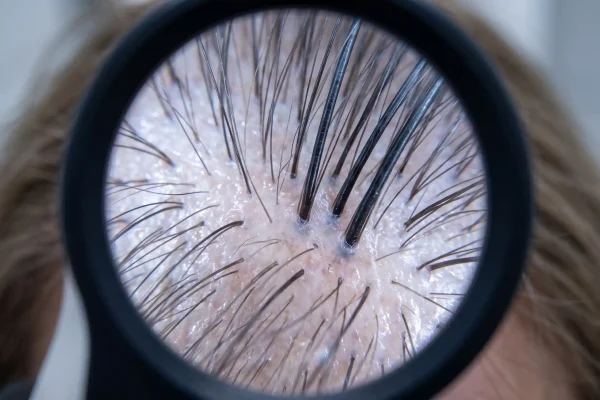 Trichoscopy view of miniaturized hairs assessed before PRP or laser therapy