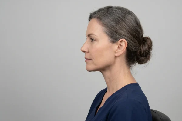 Woman showing a defined jawline contour after neck lift surgery to treat advanced jowls