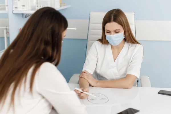 Woman talking with cosmetic surgeon about her FaceTite procedure