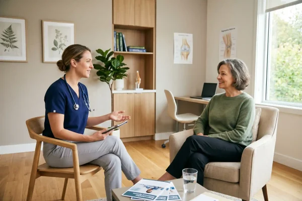 A physician assistant discussing KPV therapy results with a patient at a clinic