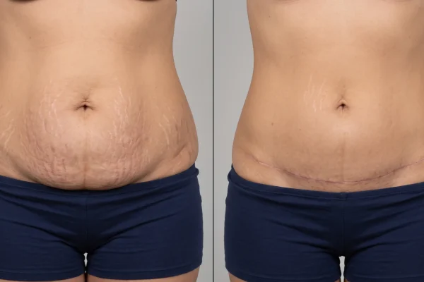Abdomen before and after surgical stretch mark removal with a low scar