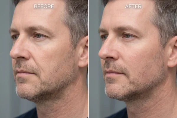 Before and after a PDO thread lift showing a firmer jawline and cheek