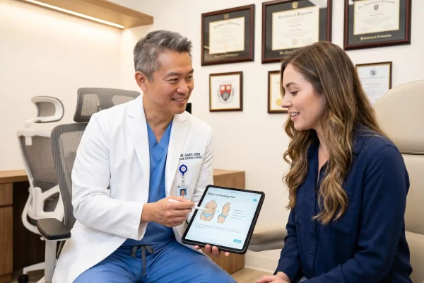 Board-certified surgeon consulting a patient about HD liposuction