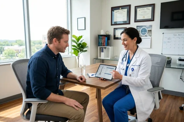 Board-certified surgeon discussing neck liposuction with a patient