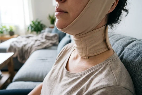 Chin compression garment worn during the first week of FaceTite recovery