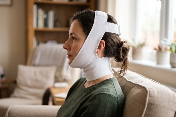 Chin compression garment worn to control swelling after neck liposuction