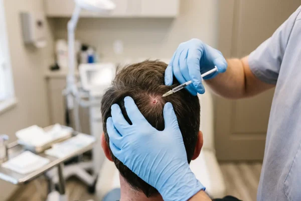 Clinician performing scalp injections during a PRP hair loss session