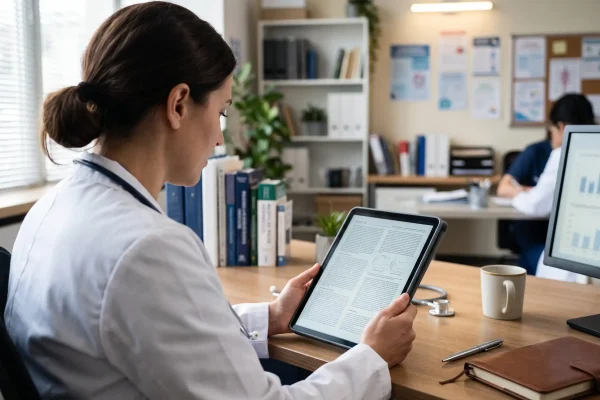 Clinician reviewing FDA peptide compounding briefing documents on a tablet