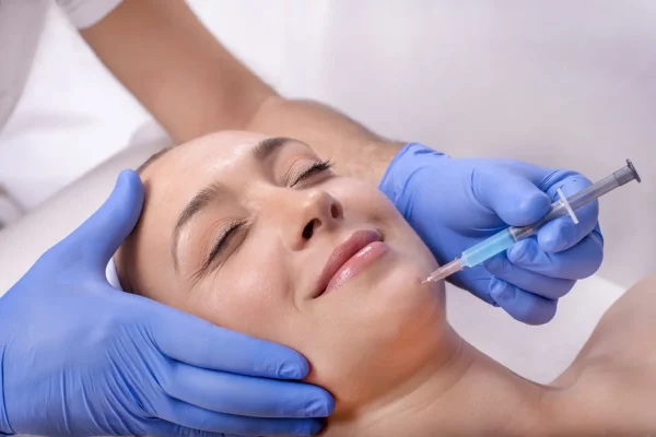 Cosmetic surgeon injecting filler into a woman's jaw