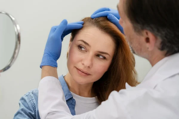 Cosmetic surgeon inspecting and assessing a patient's scalp before administering PRP treatment