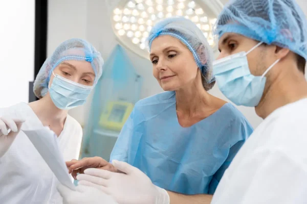 Doctors discussing plastic surgery procedure with a senior woman