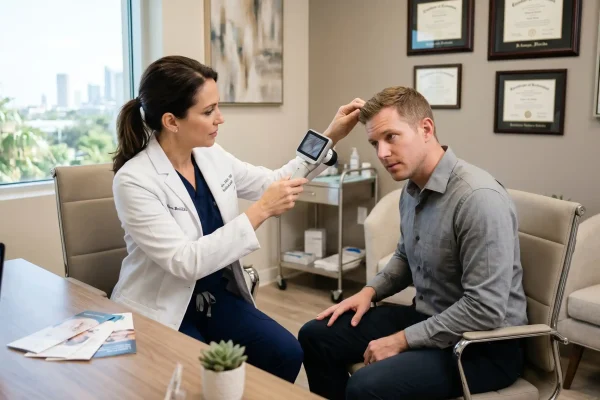 Hair loss consultation with board-certified physician in a clinic