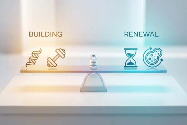 Longevity seesaw infographic balancing building and renewal, with peptide therapy fine-tuning results