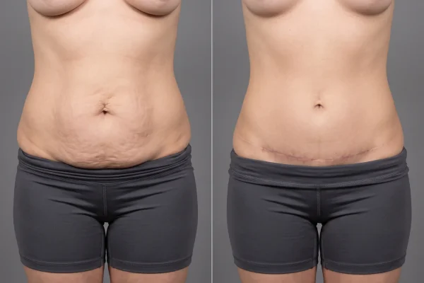 Loose abdominal skin after GLP-1 weight loss compared to a flat contour after abdominoplasty