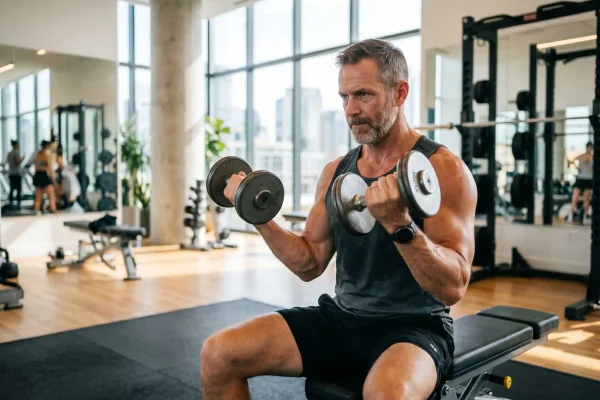 Middle-aged man strength training, showing body composition goals of sermorelin therapy