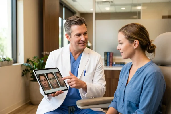 Patient discussing a FaceTite touch-up with a board-certified surgeon