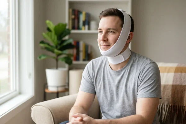 Patient in a chin and neck compression garment during recovery from chin augmentation and neck lipo