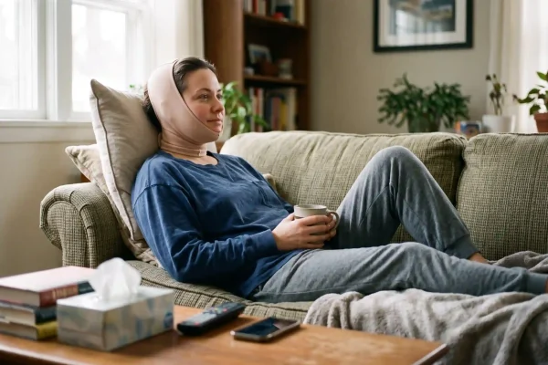 Patient in a chin compression garment during neck liposuction recovery