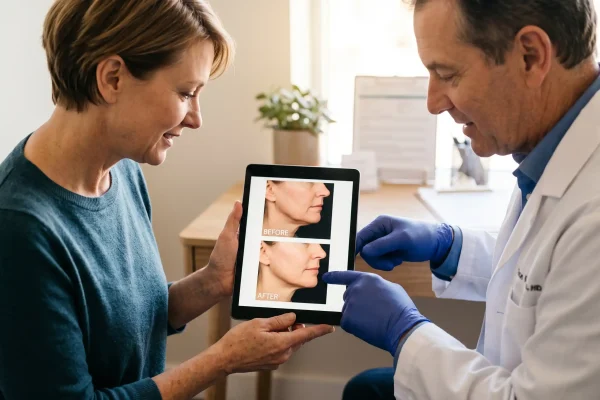 Patient reviewing jowl treatment before and after photos with a surgeon