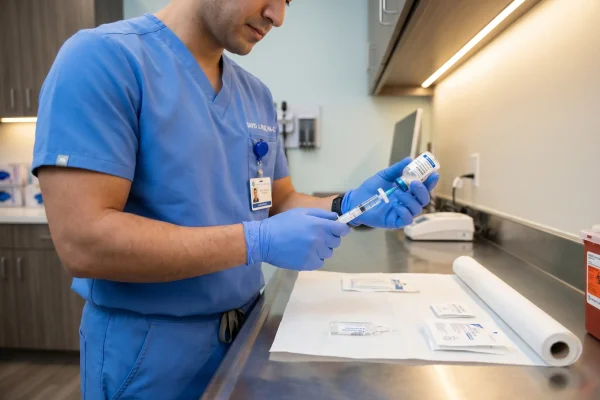 Physician assistant preparing a peptide injection at a regenerative medicine clinic