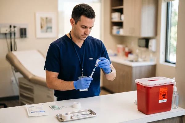 Physician assistant preparing a supervised peptide injection in Tampa
