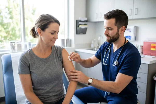 Physician assistant preparing the injection site during a supervised peptide therapy visit