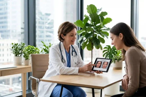 Plastic surgeon at a clinic reviewing age and timing with a patient