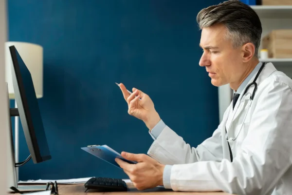 Plastic surgeon discussing preventative Botox to a patient