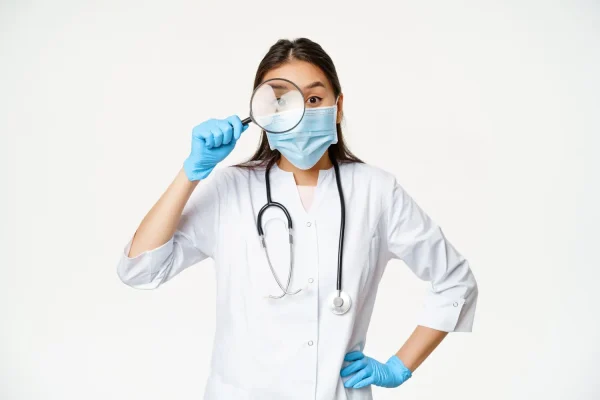 Plastic surgeon holding magnifying glass and looking for liraglutide therapy candidates
