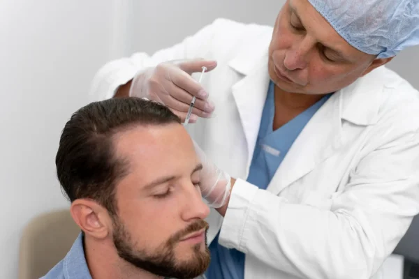 Plastic surgeon injecting PRP compound to a man's scalp