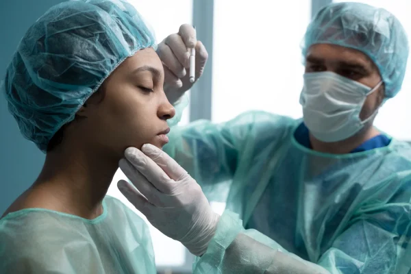 Plastic surgeon inspecting a patient after administering Botox