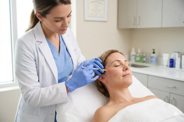 Provider placing dermal filler to restore cheek volume in a liquid facelift