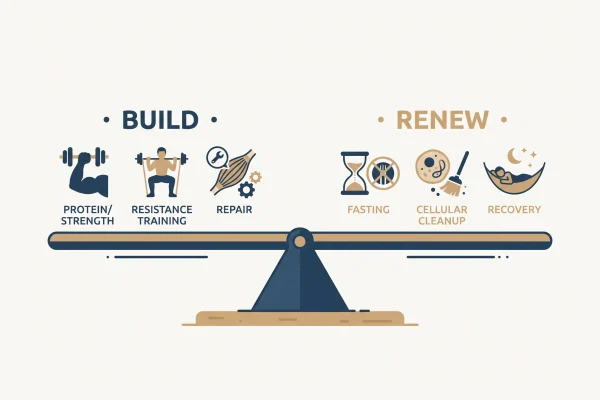 Rhythm of Longevity seesaw balancing building and renewal phases