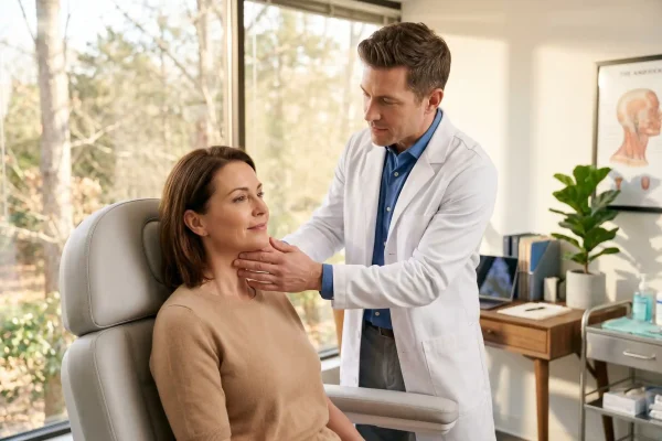 Specialist examining a patient's neck before a non-surgical neck lift