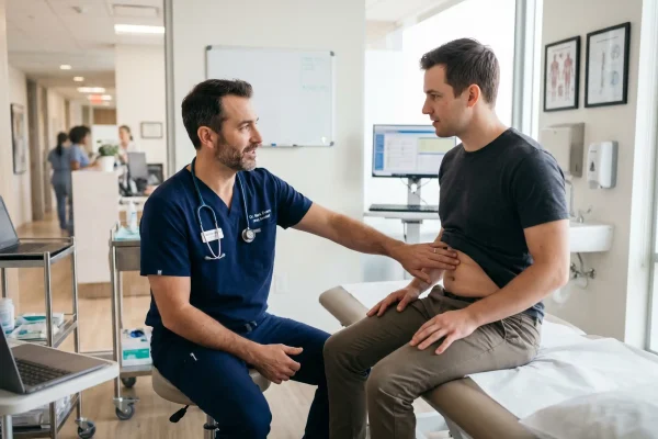 Surgeon assessing a patient's abdomen during a high def liposuction consultation