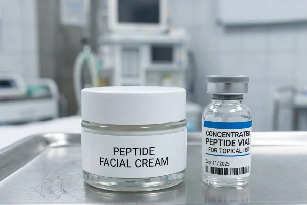 Topical copper peptide cream beside a clinical GHK-Cu vial