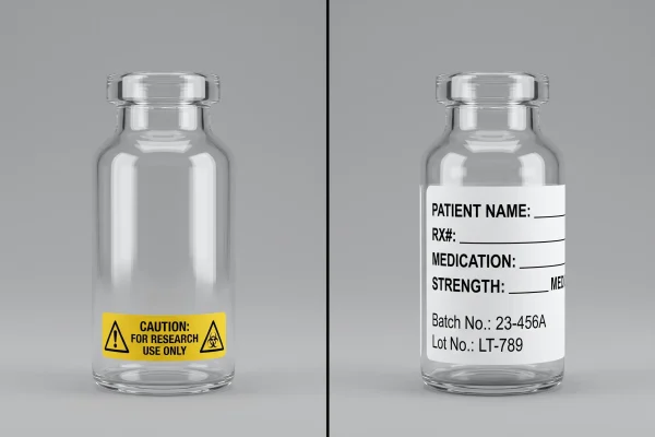 Unlabeled research grade vial compared with a labeled pharmacy compounded peptide vial