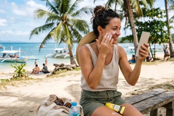 Woman applying broad-spectrum sunscreen daily to prevent jowls and visible photoaging