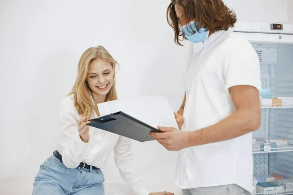 Woman consulting a cosmetic surgeon about non-invasive jawline procedures