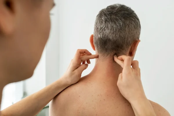A close-up of a specialist examining a patient's neck and upper spine, demonstrating the initial assessment phase