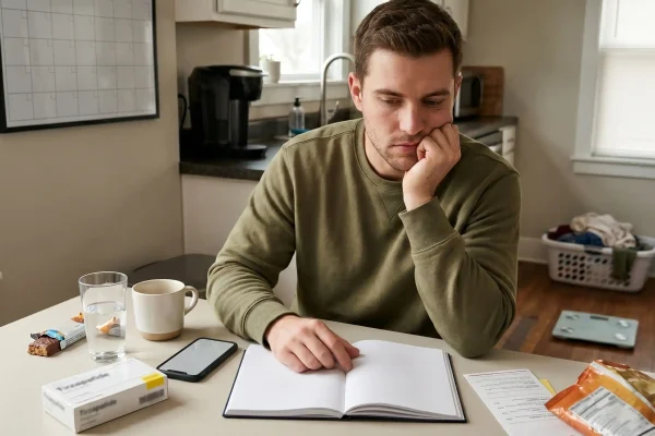 A man sits at a kitchen table looking pensively down at an open, blank notebook. He is wearing an olive-green sweatshirt and resting his chin on his hand