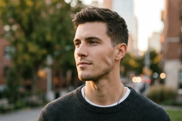 A medium close-up shot of a young man with a defined and structured jawline, looking towards the right