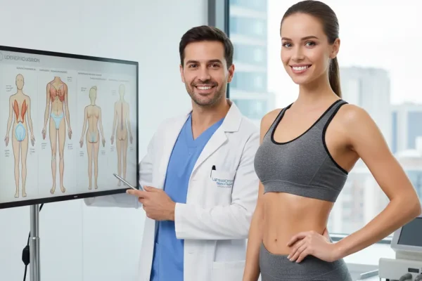 A smiling doctor presenting a body diagram to a confident female patient, illustrating liposuction plastic surgery treatment areas