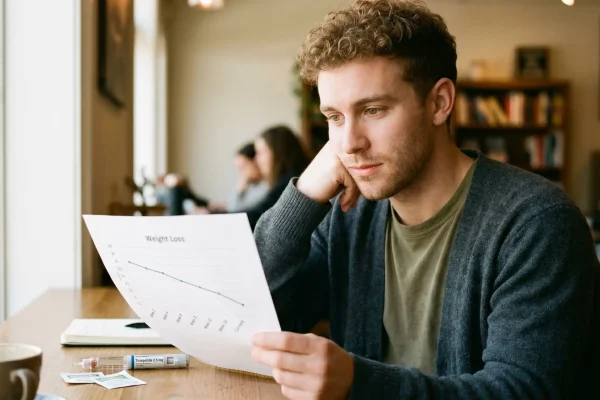 A young handsome man with curly hair sits at a cafe table looking thoughtfully at a Weight Loss progress chart